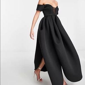 NWT ASOS DESIGN off shoulder mesh insert cocoon maxi prom dress in black